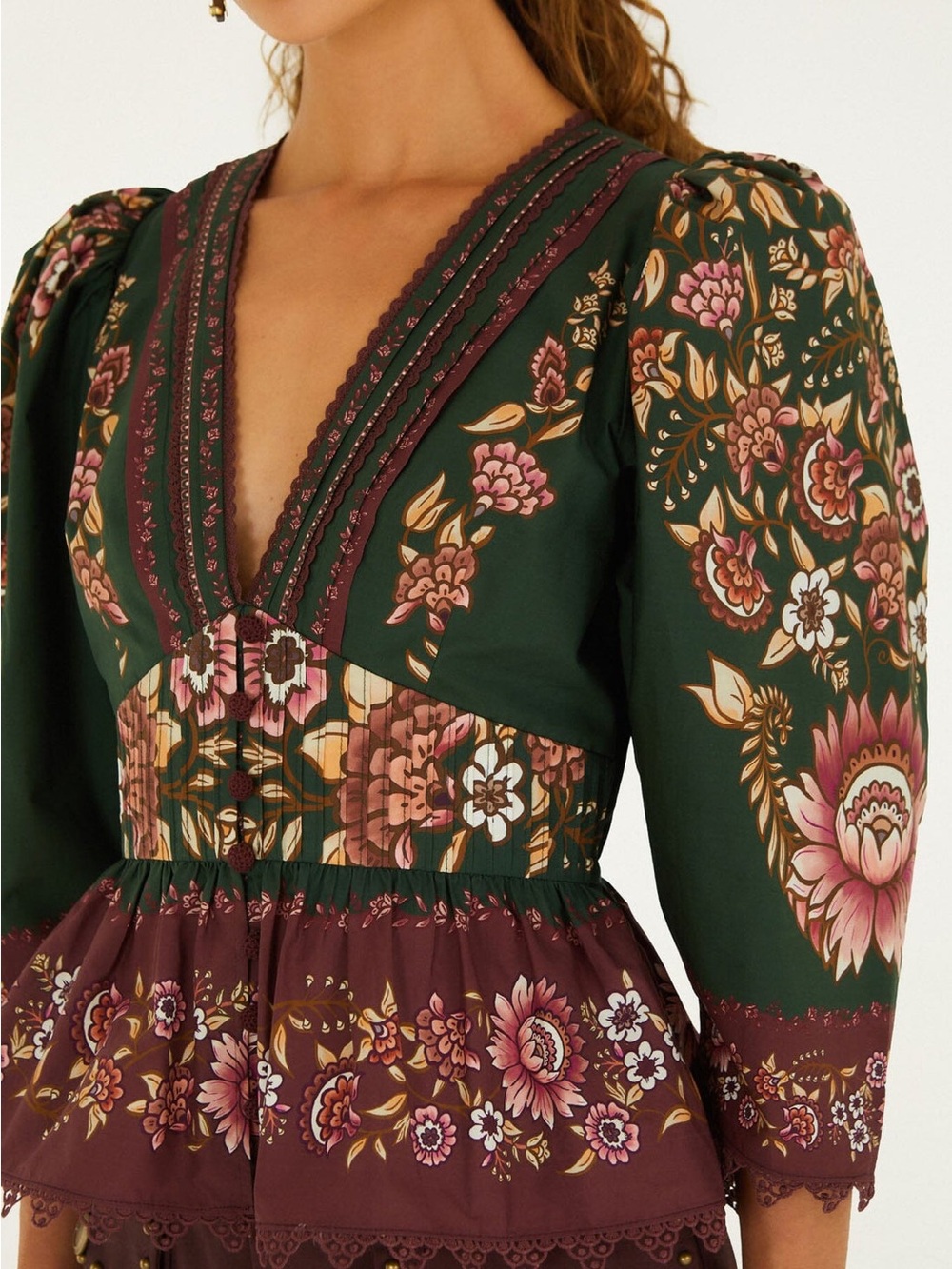 Farm RioDaniela Lace Puff Sleeve Bohemian Floral V-Neck Peplum Blouse - Picture 3 of 10